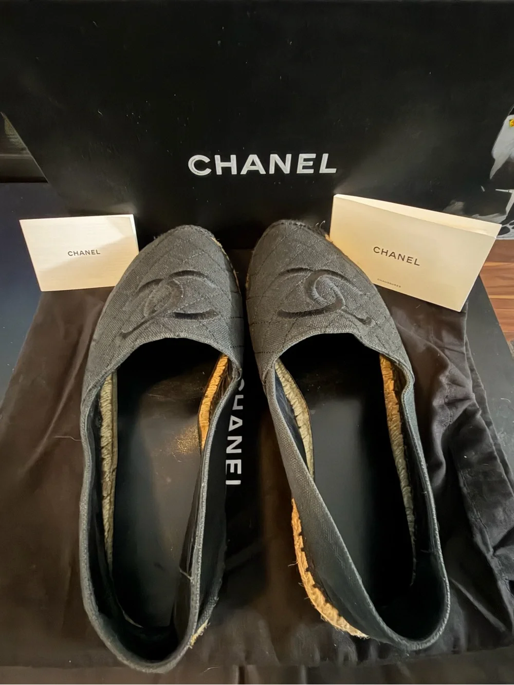 Authentic CHANEL Black Quilted Canvas Espadrilles with CC Motif